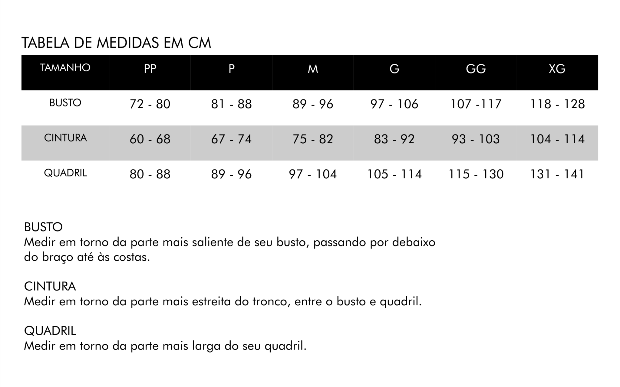 Tabela de Medidas - Skarab - Moda Feminina